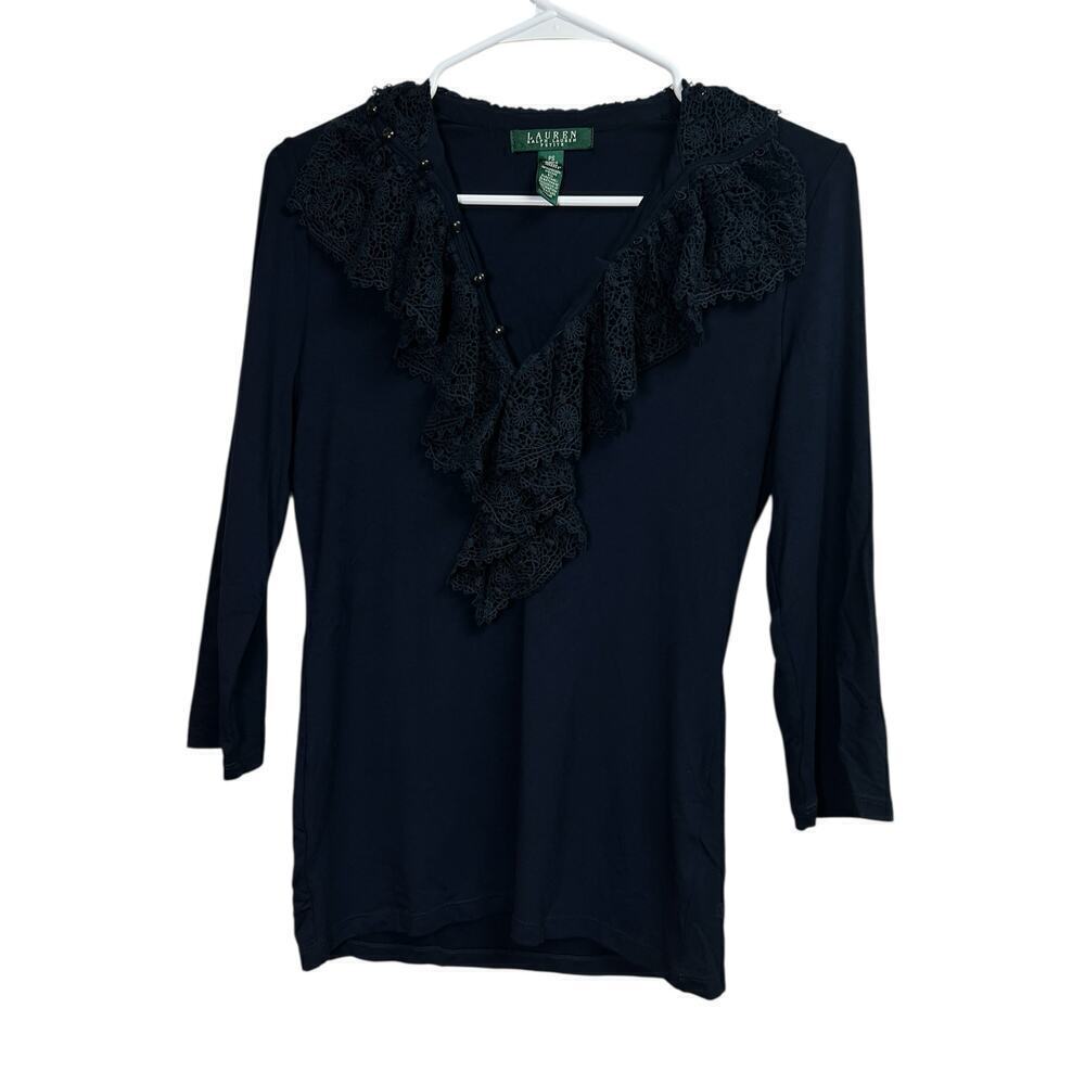 Lauren Ralph Lauren Navy Blue Crochet Ruffle Neck Blouse Petite Small